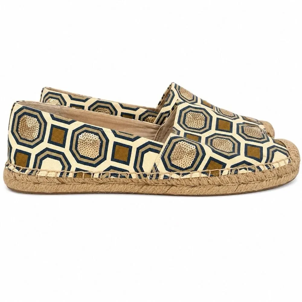 Tory Burch Espadrille Flats Size 11 Blue Gold Geometric Sequin Canvas Slip On